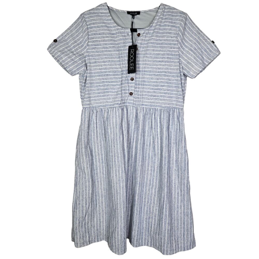 Roolee Light Blue and White Striped Midi Dress with Button Bodice